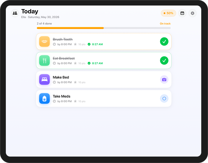The Habi Today view showing a child's morning routine with habit cards and a progress band.